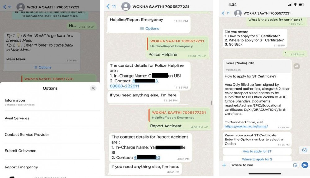 (Left) The landing page of SAATHI, an artificial intelligence-powered interactive chatbot launched by Wokha district administration on May 19, shows various options for users to avail services (Middle) Under Report Emergency option, details of in-charges of various categories of emergency are given. (Right) The chatbot also provides suggestions when a query is simply typed. (Morung Photo/screenshots)